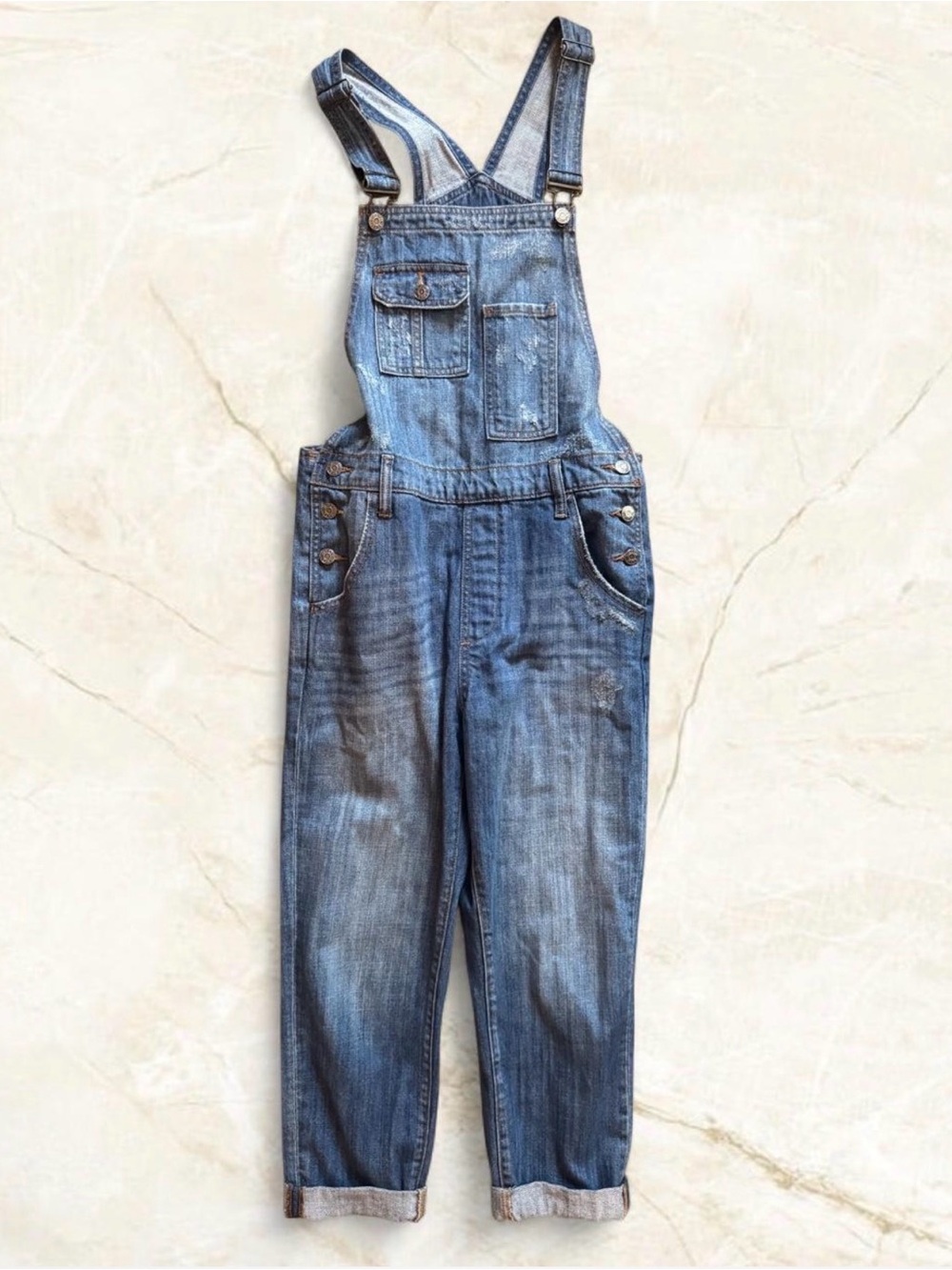 Hidden Jeans Girls Blue Distressed Denim Bib Overall Jumpsuit Button Pockets Sm - Picture 9 of 15